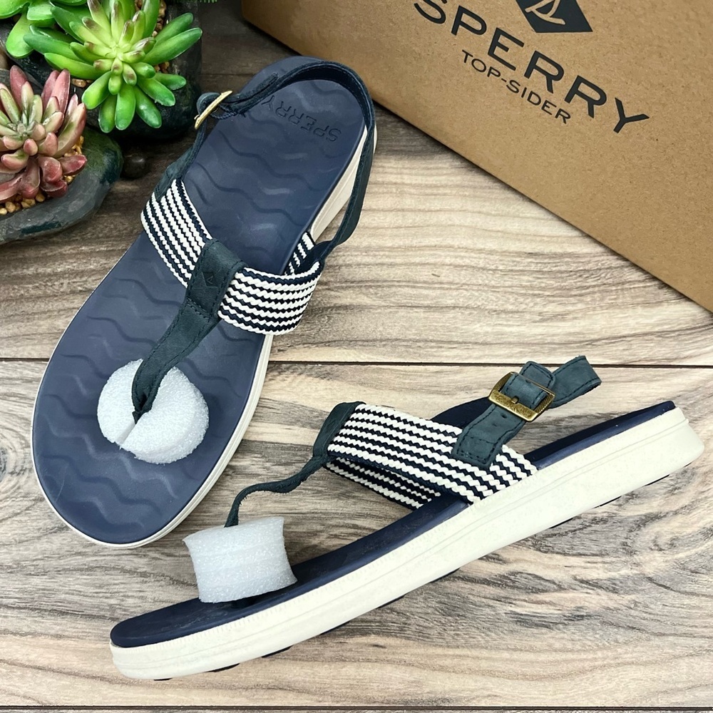 NIB Sperry Top Sider Adriatic Sling Thong Sandal Navy 8M Leather/Webbing